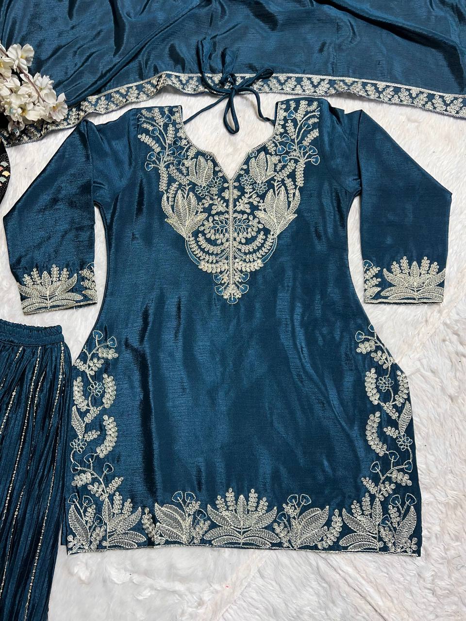 Designer Chinnon Silk Sequence Work Teal Blue Color Sharara Suit