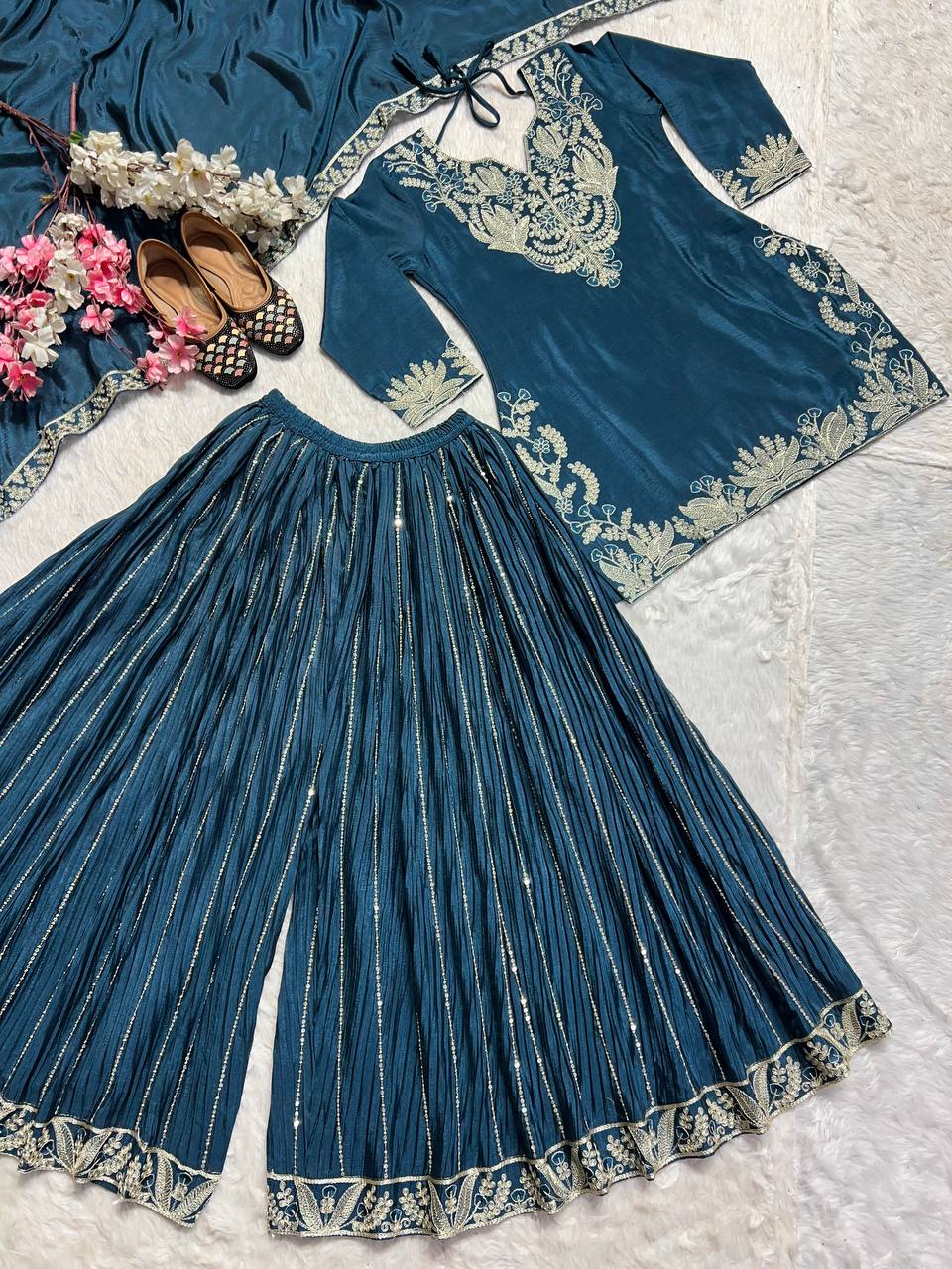 Designer Chinnon Silk Sequence Work Teal Blue Color Sharara Suit