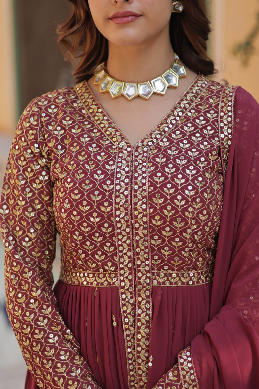 Premium Faux Georgette With Embroidered Work Maroon Color Kurti With Pant & Dupatta Set