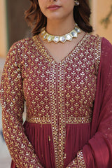 Premium Faux Georgette With Embroidered Work Maroon Color Kurti With Pant & Dupatta Set
