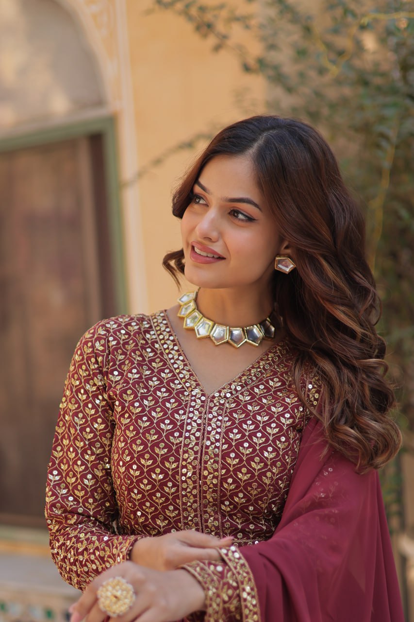Premium Faux Georgette With Embroidered Work Maroon Color Kurti With Pant & Dupatta Set