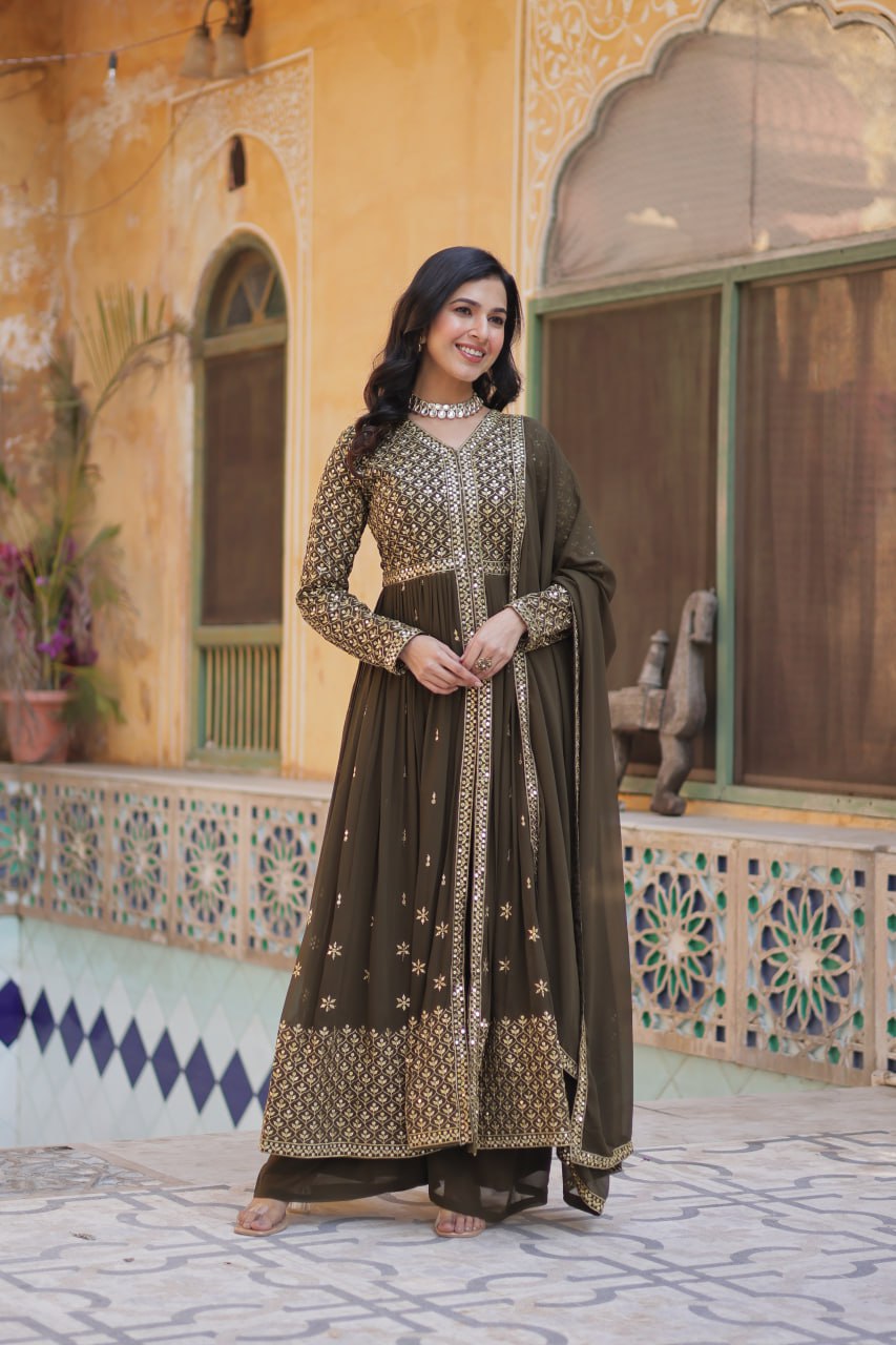 Premium Faux Georgette With Embroidered Work Mehndi Color Kurti With Pant & Dupatta Set