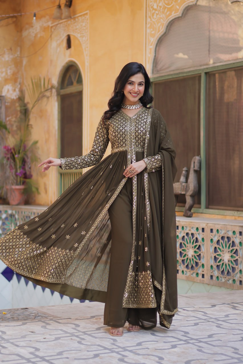 Premium Faux Georgette With Embroidered Work Mehndi Color Kurti With Pant & Dupatta Set