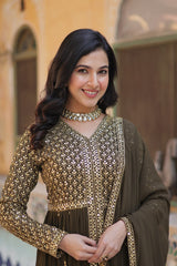 Premium Faux Georgette With Embroidered Work Mehndi Color Kurti With Pant & Dupatta Set