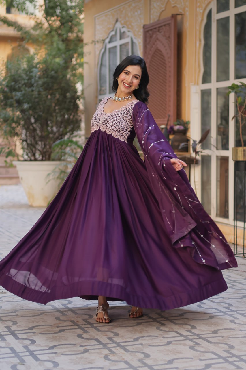 Exclusive Star Georgette Embroidery Sequins-work Purple color Gown