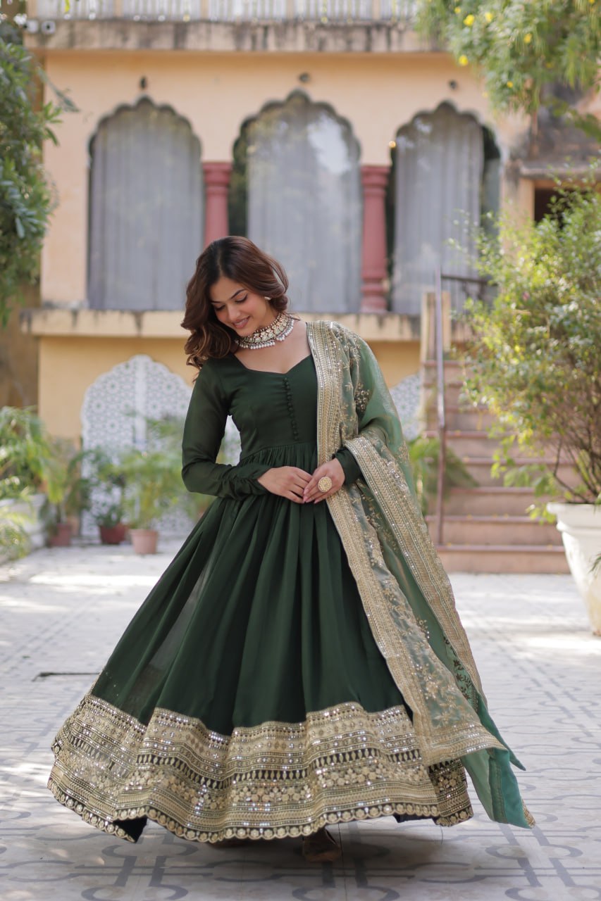 Shining Shimmer Vichitra  Embroidered  Sequins work Dark Green Color Gown