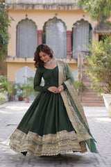 Shining Shimmer Vichitra  Embroidered  Sequins work Dark Green Color Gown