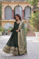 Shining Shimmer Vichitra  Embroidered  Sequins work Dark Green Color Gown