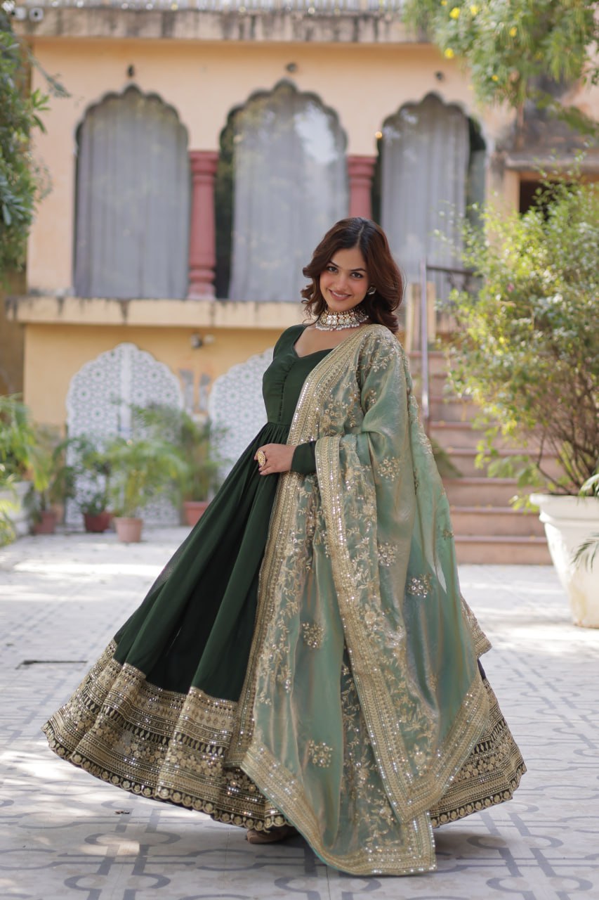 Shining Shimmer Vichitra  Embroidered  Sequins work Dark Green Color Gown