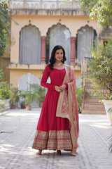 Shining Shimmer Vichitra  Embroidered  Sequins work Dark Pink Color Gown