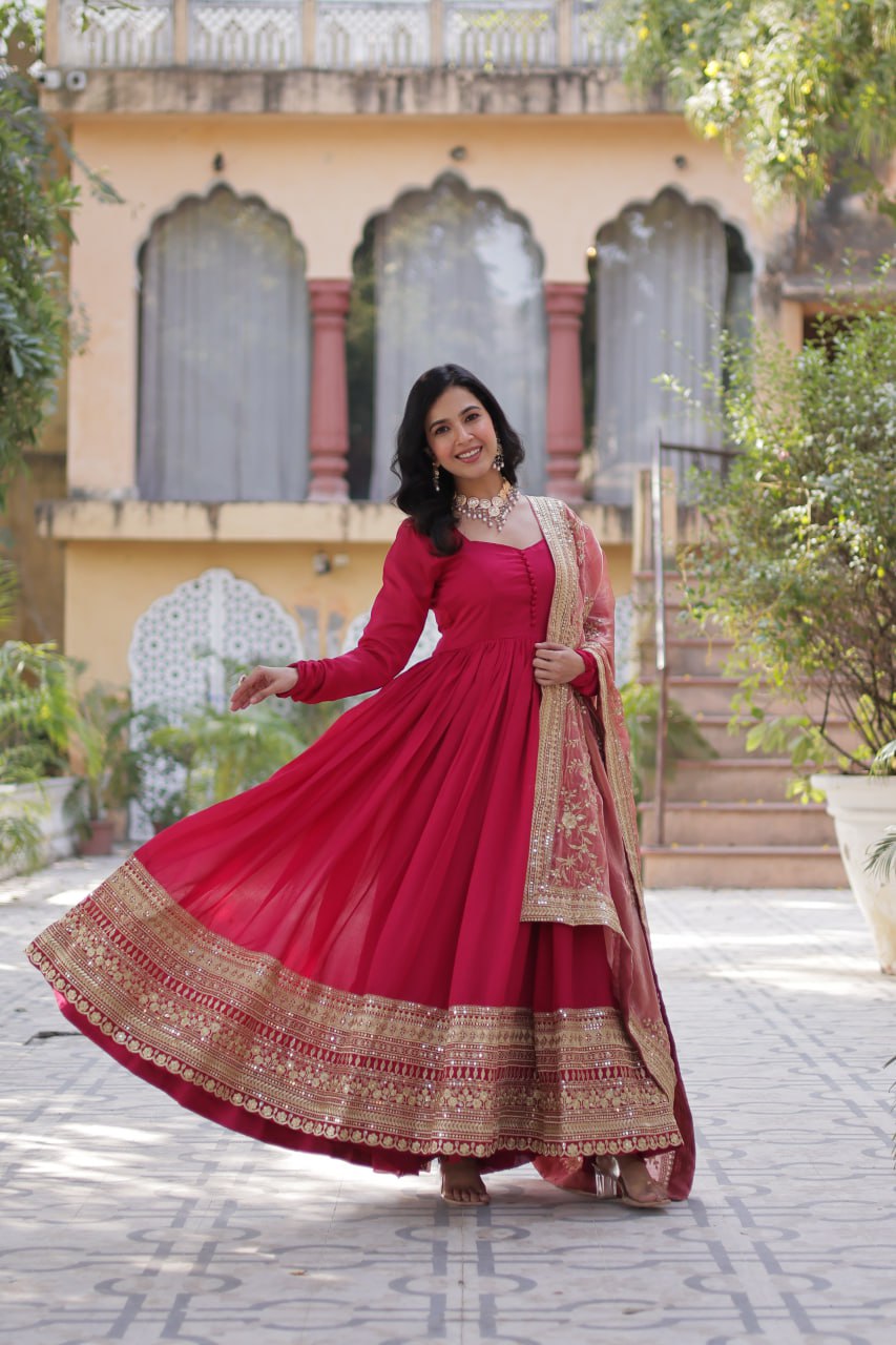 Shining Shimmer Vichitra  Embroidered  Sequins work Dark Pink Color Gown