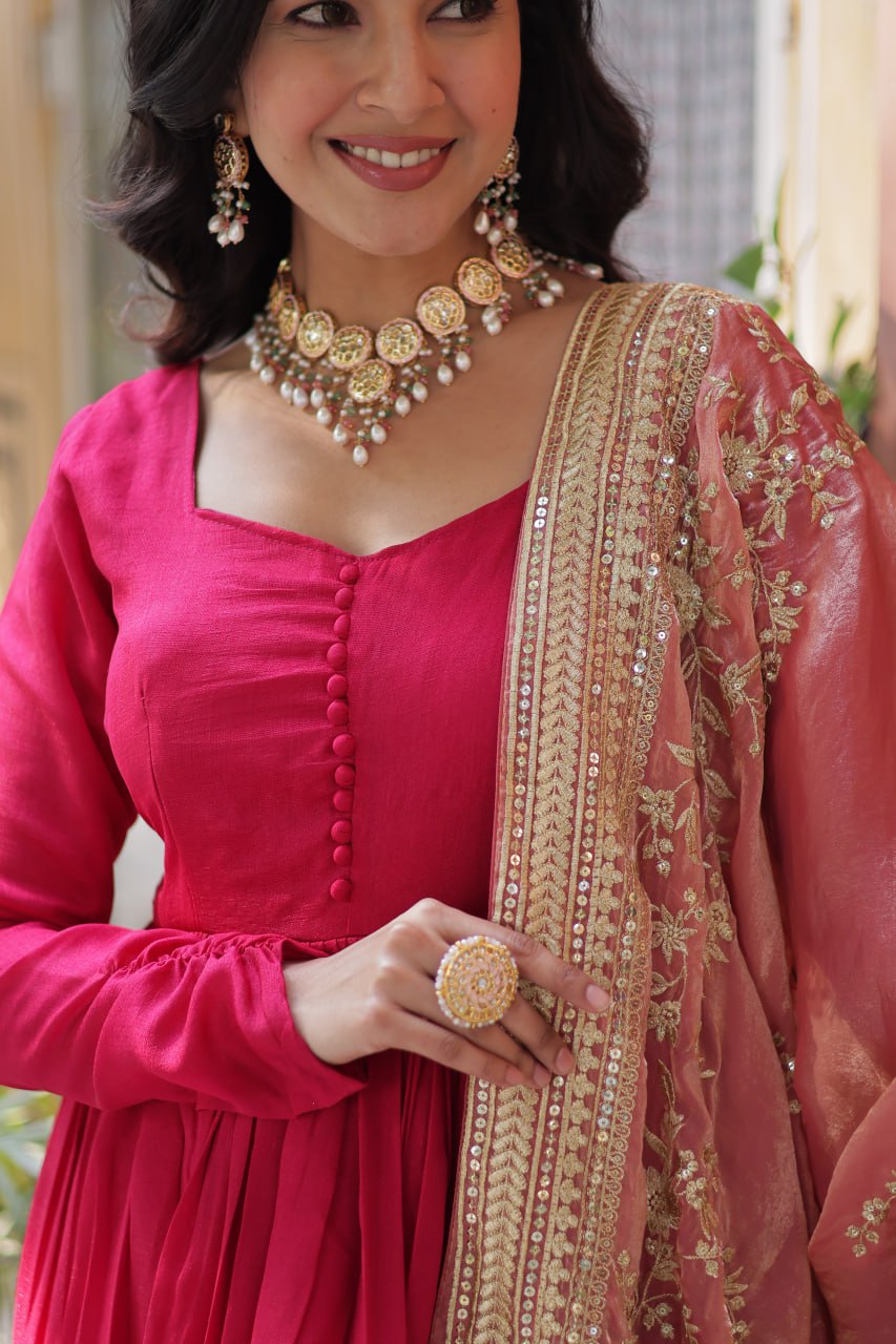 Shining Shimmer Vichitra  Embroidered  Sequins work Dark Pink Color Gown