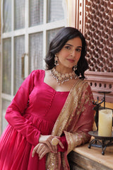Shining Shimmer Vichitra  Embroidered  Sequins work Dark Pink Color Gown