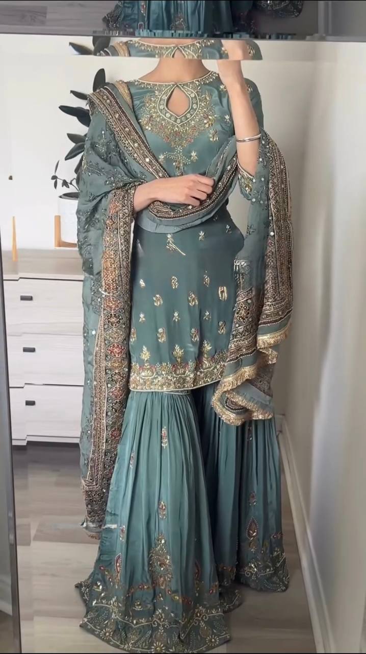Presenting  Sequence Work Teal blue color Palazzo Suit with Dupatta