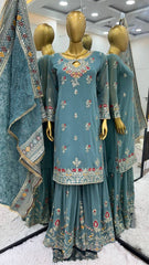 Presenting  Sequence Work Teal blue color Palazzo Suit with Dupatta