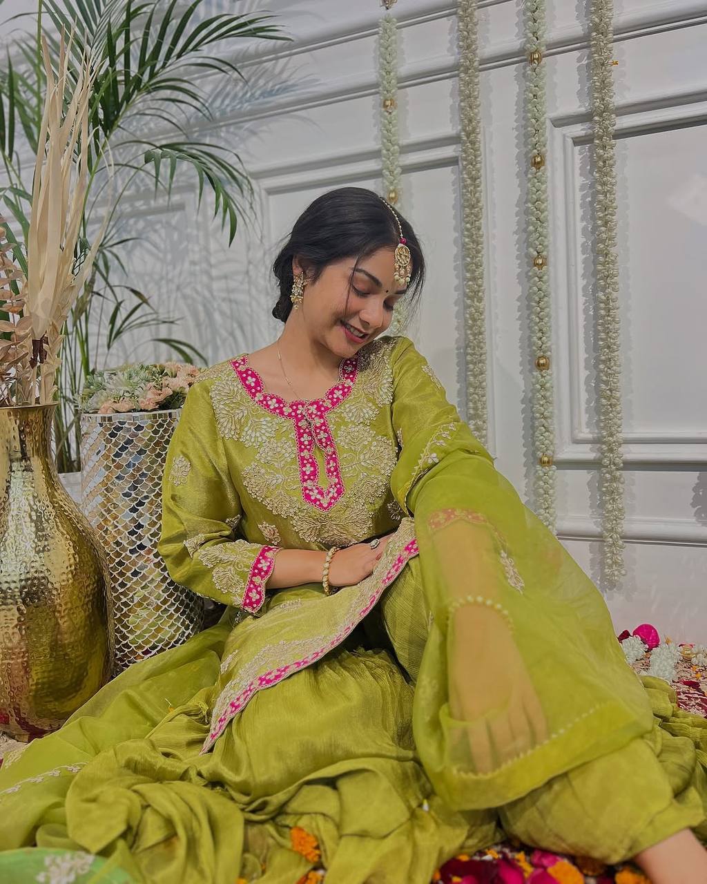 Preferable Sequence Work Green Mehndi Color Top-Gharara And Dupatta Set