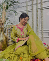 Preferable Sequence Work Green Mehndi Color Top-Gharara And Dupatta Set