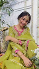 Preferable Sequence Work Green Mehndi Color Top-Gharara And Dupatta Set