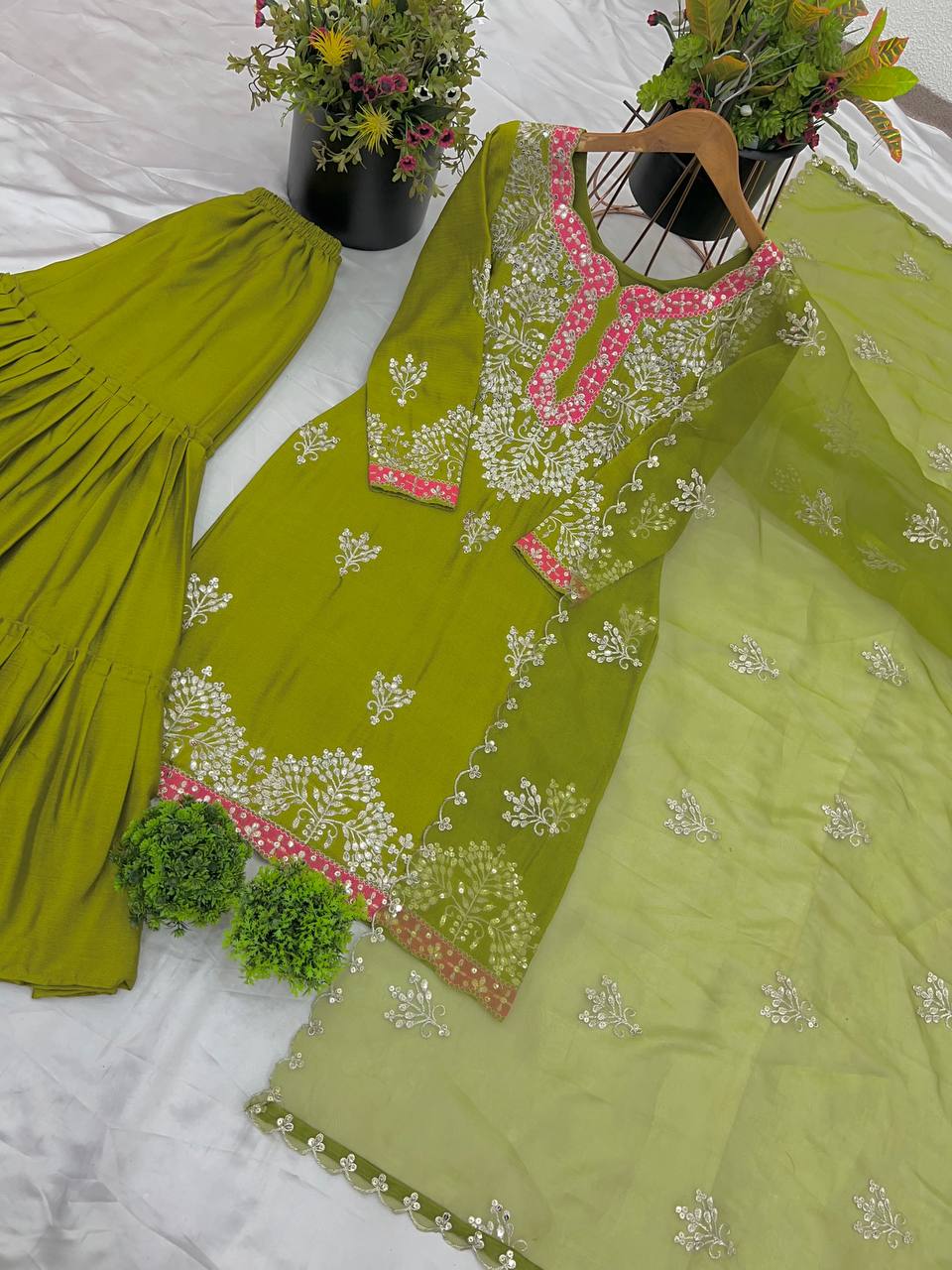Preferable Sequence Work Green Mehndi Color Top-Gharara And Dupatta Set