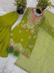 Preferable Sequence Work Green Mehndi Color Top-Gharara And Dupatta Set