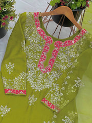 Preferable Sequence Work Green Mehndi Color Top-Gharara And Dupatta Set