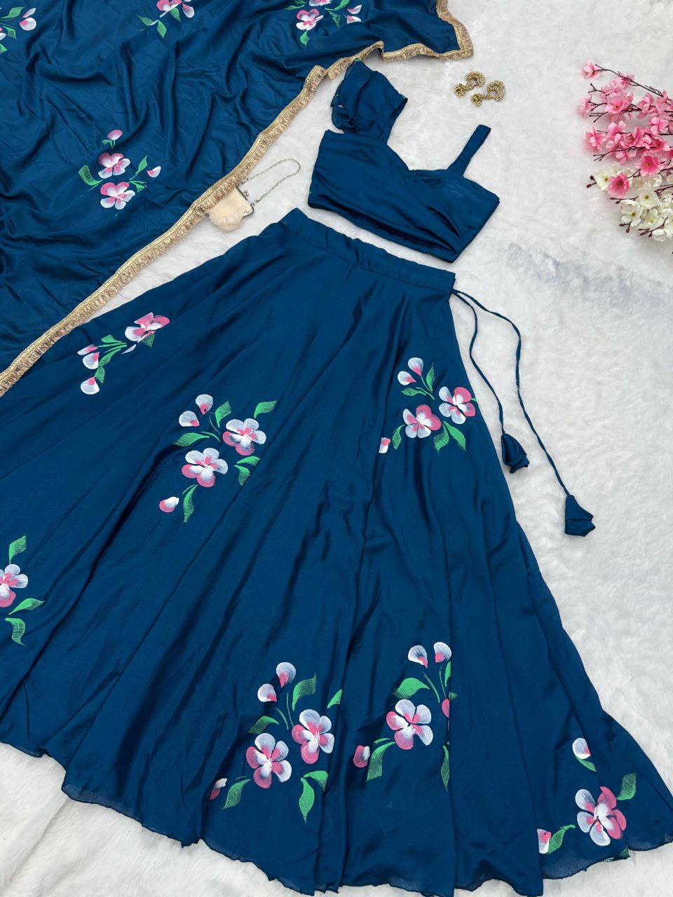 Luxuriant Pure chinon Blue color Lehenga Choli