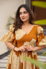 Presenting Digital Print Work Orange Color Gown