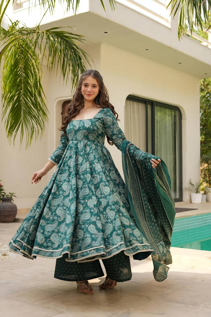 Preferable Digital Print Work Teal Blue Color Anarkali Suit   RangmatiFashion