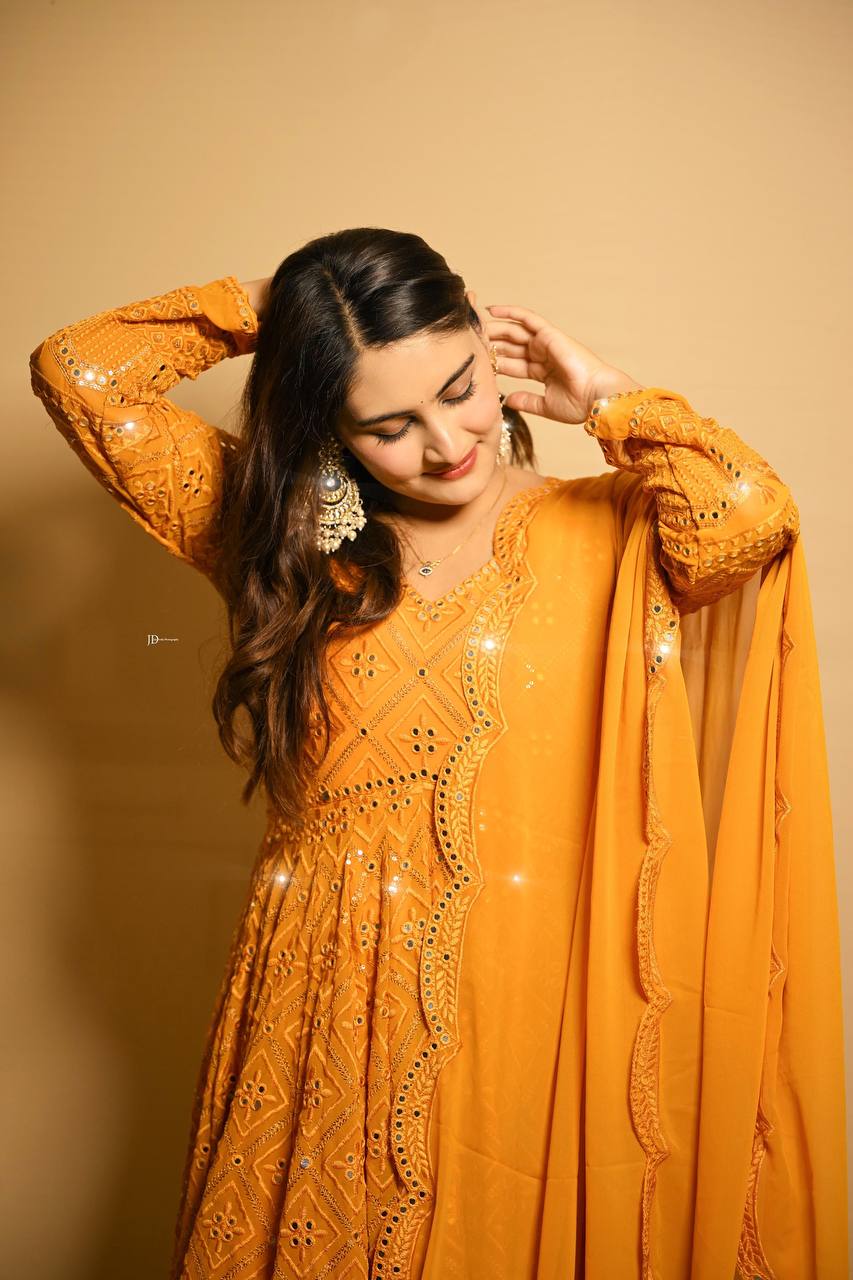 Mesmerizing Blooming Embroidered Work Masterd Color Gown