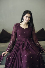 Demanding  Embroidery  Multi Work Purple color long Gown