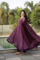 Captivating Digital Print wine Color Gown