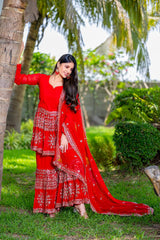 Elegant Fox Georgette Embroidery Sequence Work Pink color Sharara Suit
