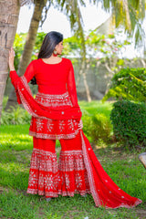 Elegant Fox Georgette Embroidery Sequence Work Pink color Sharara Suit