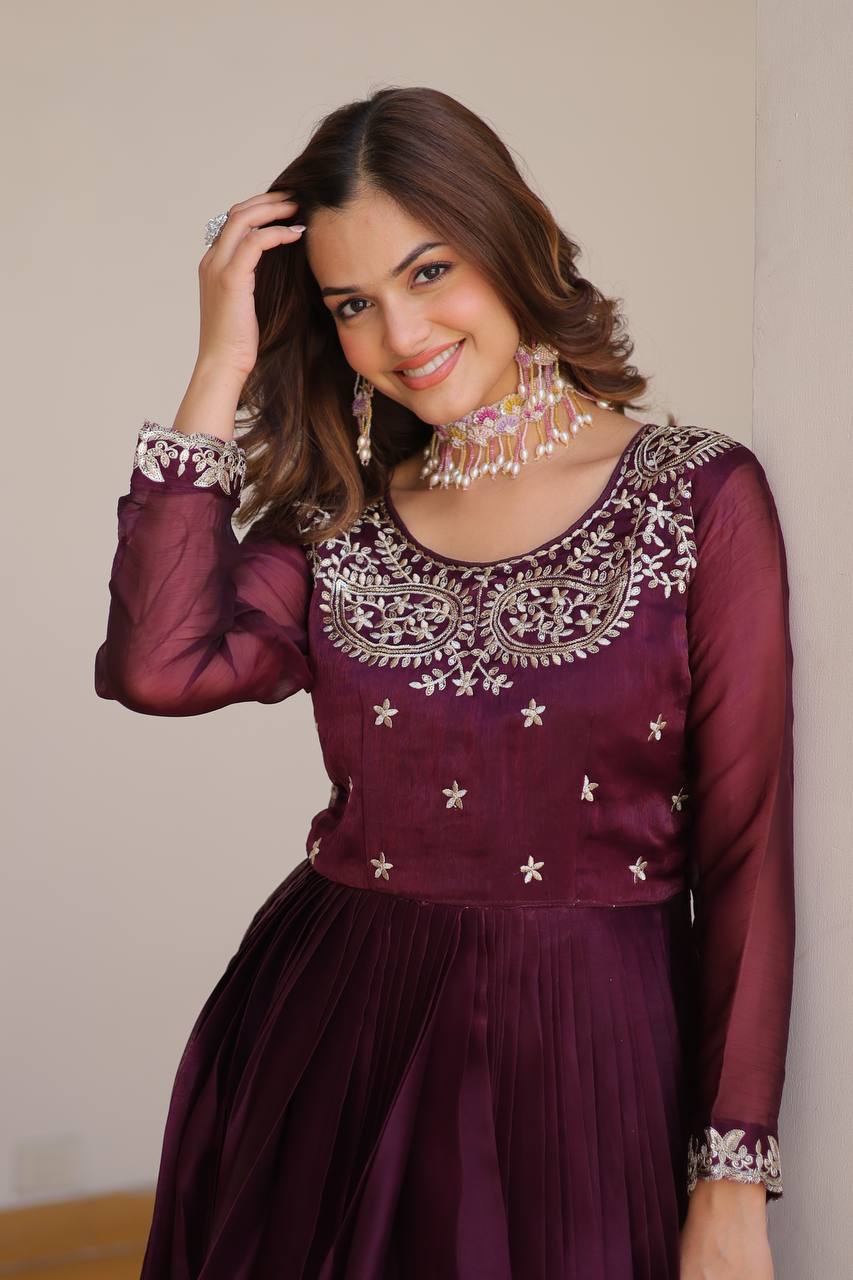 Shinig Pure Burberry Silk Embroidery Sequence Work Maroon Color Long Gown