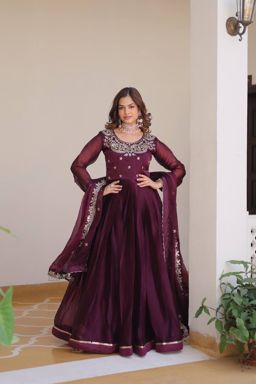 Shinig Pure Burberry Silk Embroidery Sequence Work Maroon Color Long Gown