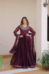 Shinig Pure Burberry Silk Embroidery Sequence Work Maroon Color Long Gown