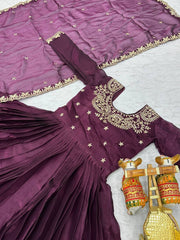 Shinig Pure Burberry Silk Embroidery Sequence Work Maroon Color Long Gown