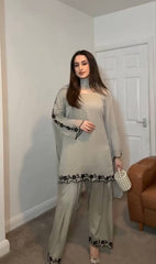 Glimmering Embroidery Work Off White Color Palazzo Suit
