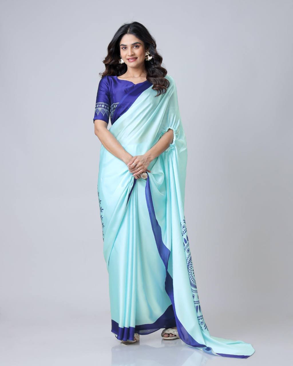 Embellished  Japan Satin Light Blue Color Ready To wear Saree