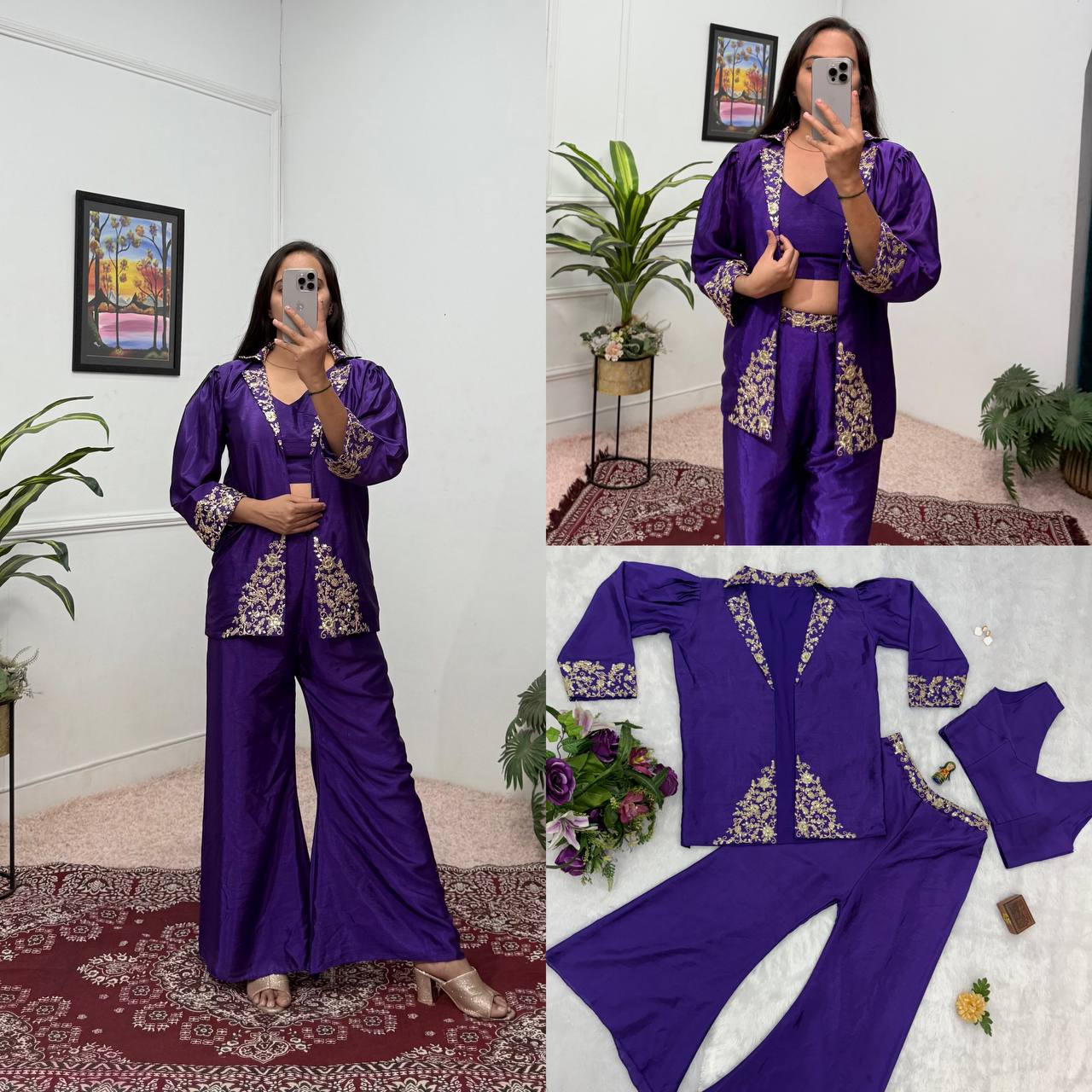 Captivating  Purple Color  Embroidery Work Palazzo Choli With Blazer