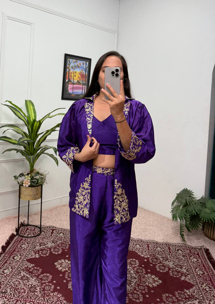 Captivating  Purple Color  Embroidery Work Palazzo Choli With Blazer
