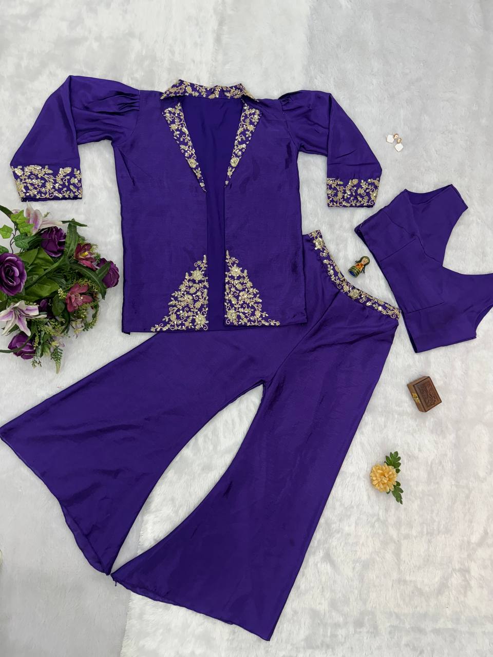 Captivating  Purple Color  Embroidery Work Palazzo Choli With Blazer