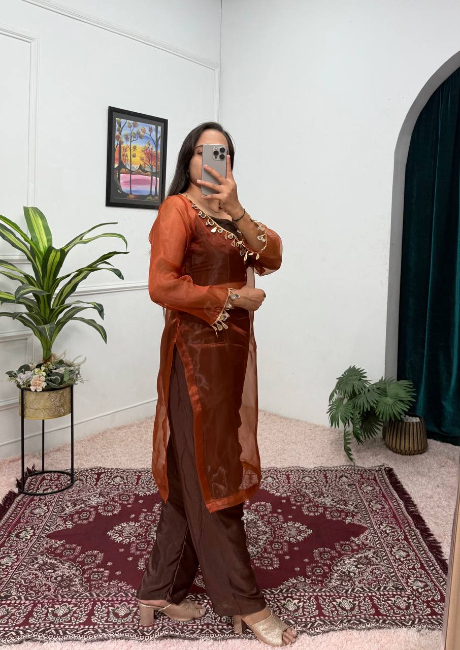 Innovative Brown Color Shining Silk Salwar Suit With Blouse