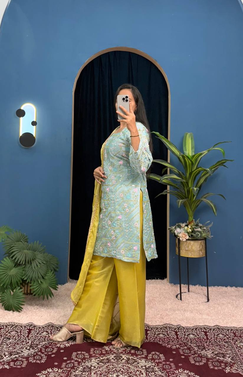 Shining  Jimmy Cho  Embroidery Work Pista Color Plazzo Suit