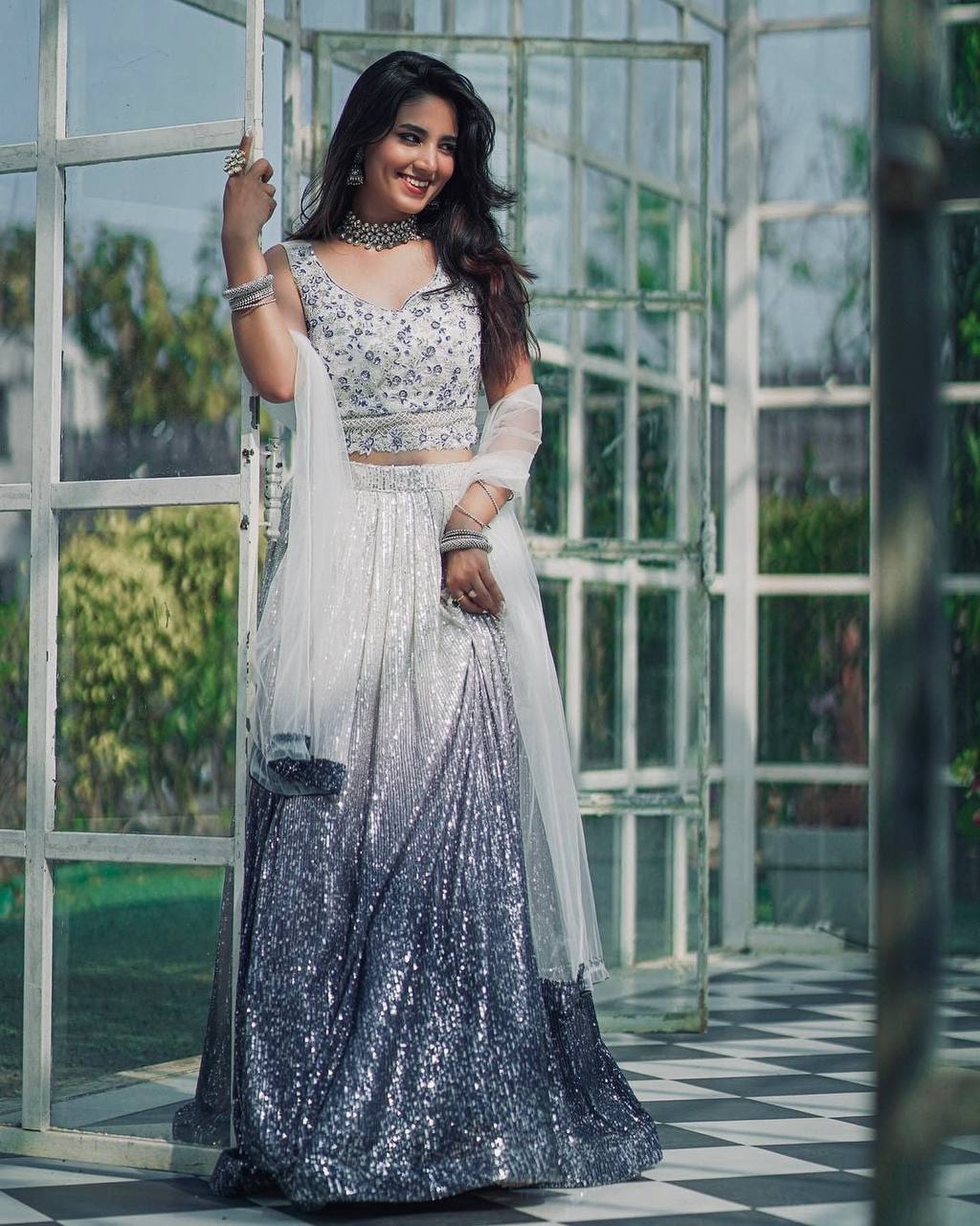 Embellished Sequence Work white Color Lehenga Choli