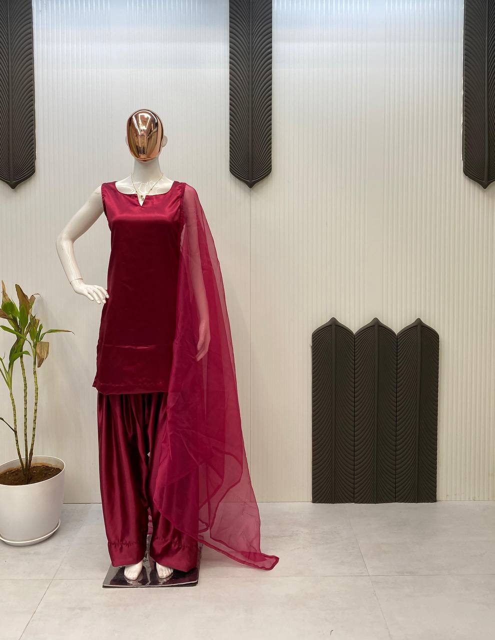 Shining  Maroon Color Moss Satin Fabric  Moss Satin Fabric With Organza Dupatta