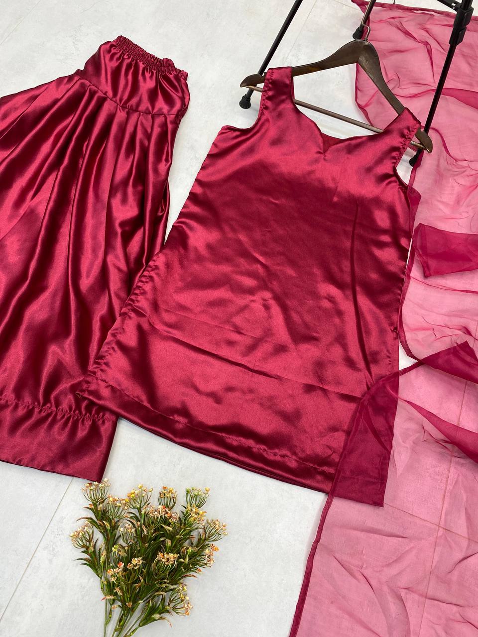 Shining  Maroon Color Moss Satin Fabric  Moss Satin Fabric With Organza Dupatta
