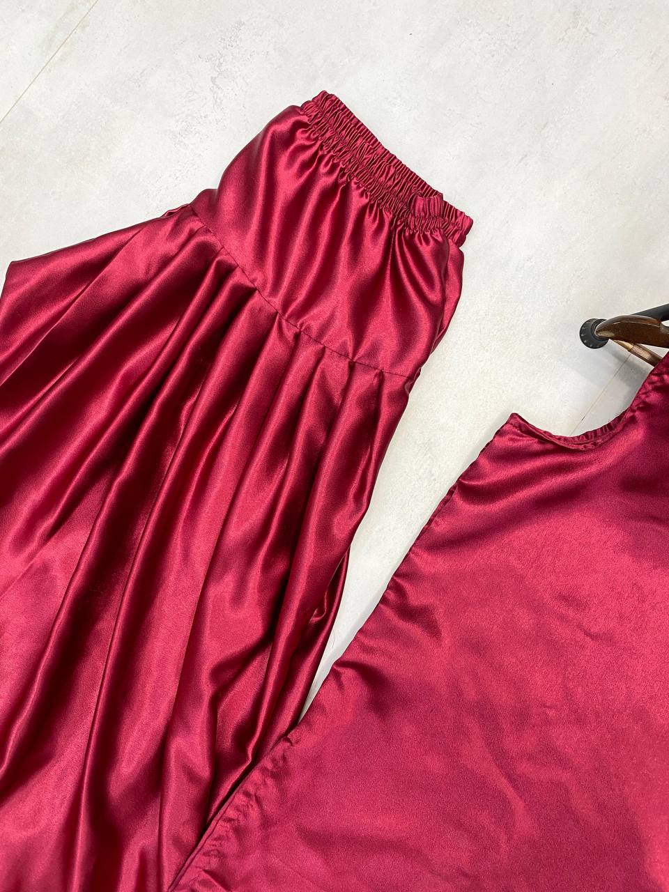 Shining  Maroon Color Moss Satin Fabric  Moss Satin Fabric With Organza Dupatta