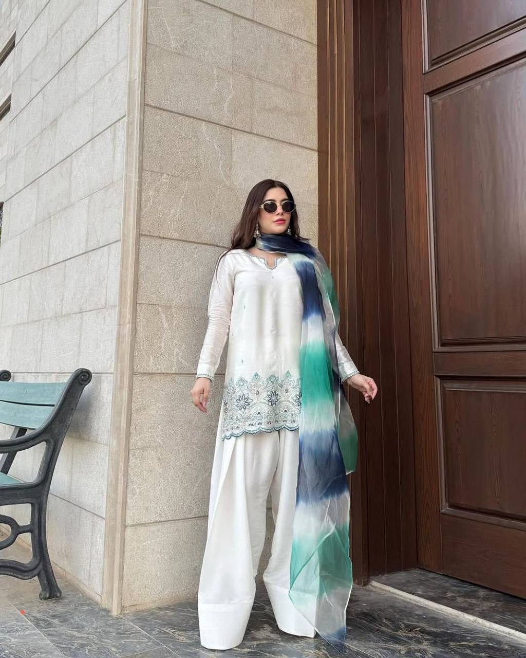 Elegant White Roman Silk Salwar Suit with Sequin Embroidery & Printed Silver Chiffon Dupatta