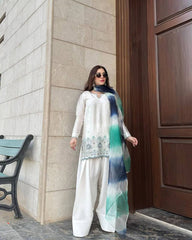 Elegant White Roman Silk Salwar Suit with Sequin Embroidery & Printed Silver Chiffon Dupatta